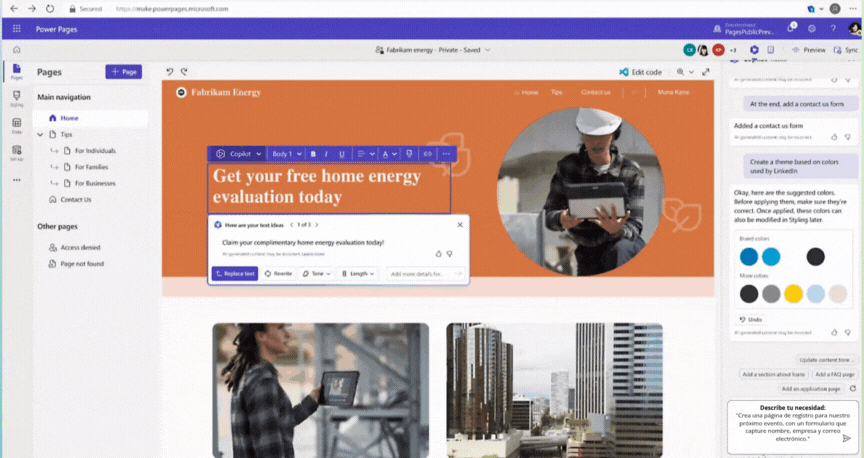 Demostración animada de Power Pages y Copilot